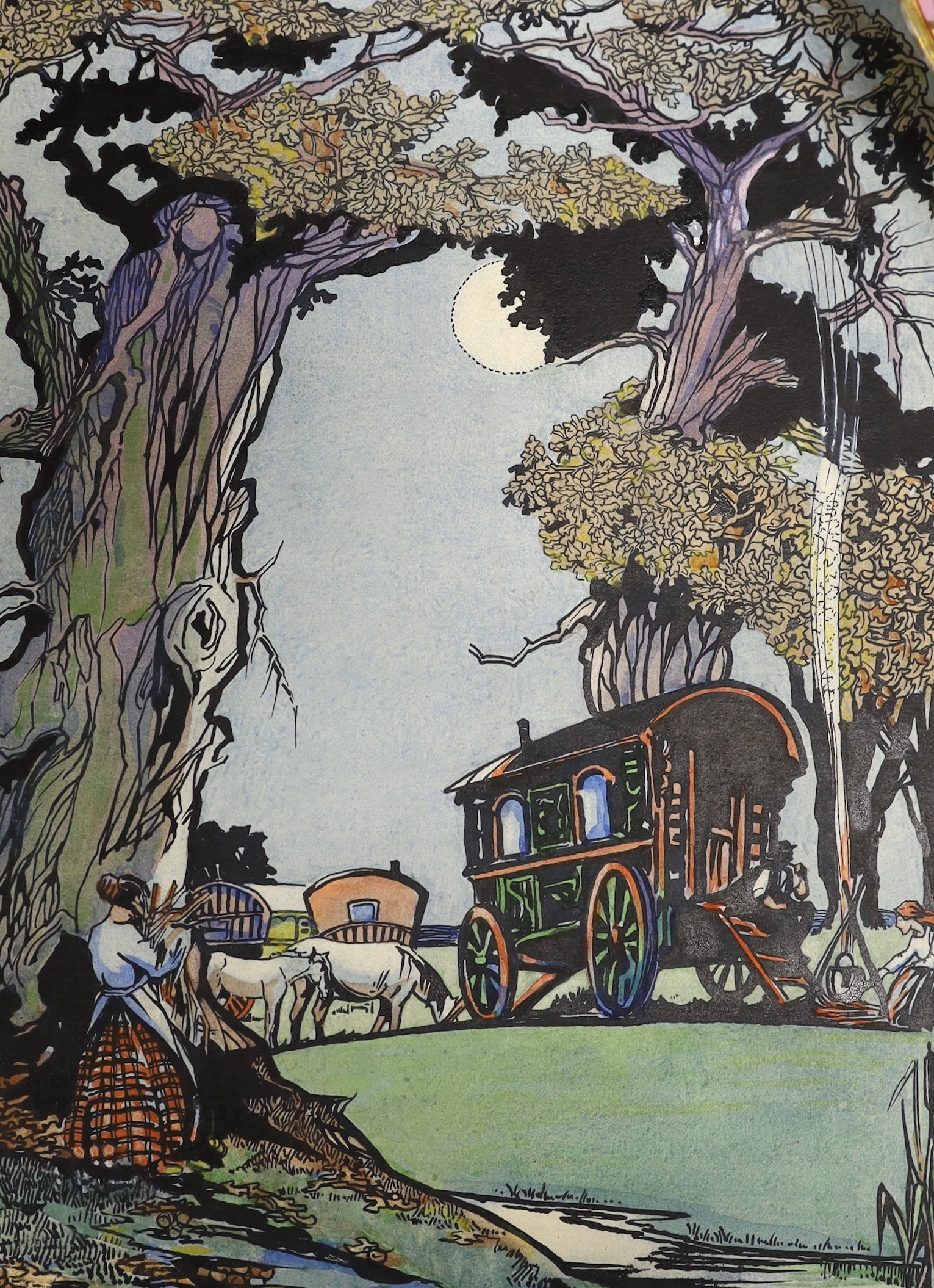 Bertha Stamp (American, b.1877), three ink and watercolours, Gypsy Caravan scenes, ‘The Night Club’, ‘Twixt Day & Night’ & ‘Evening Calm’, two signed, largest 30 x 44cm, unframed